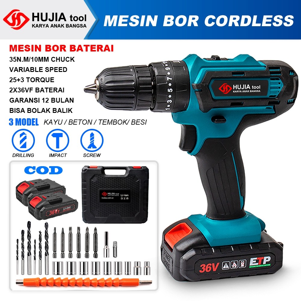 HUJIA 36VF Mesin bor baterai cas complit 10mm bor listrik 1 set lengkap Mata Bor Cordless Drill
