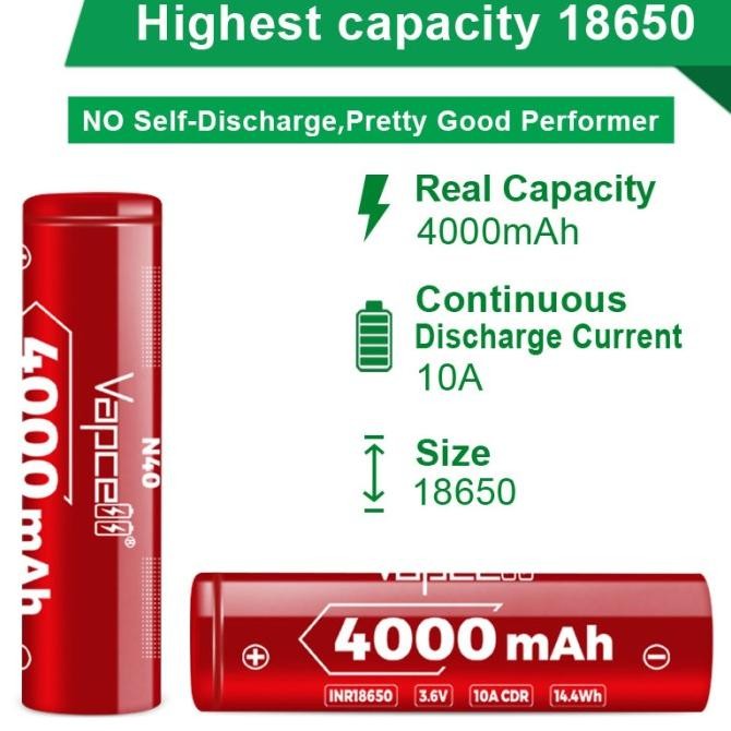 Baterai 18650 Vapcell N40 - 4000 mAh 10A | 100% Original