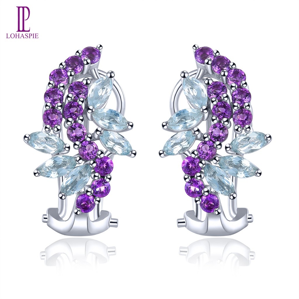 Lohaspie Jewelry Anting Stud Asli 1,8 Karat Perak 925 Asli Batu Kecubung Alami Batu Topas Biru Langi