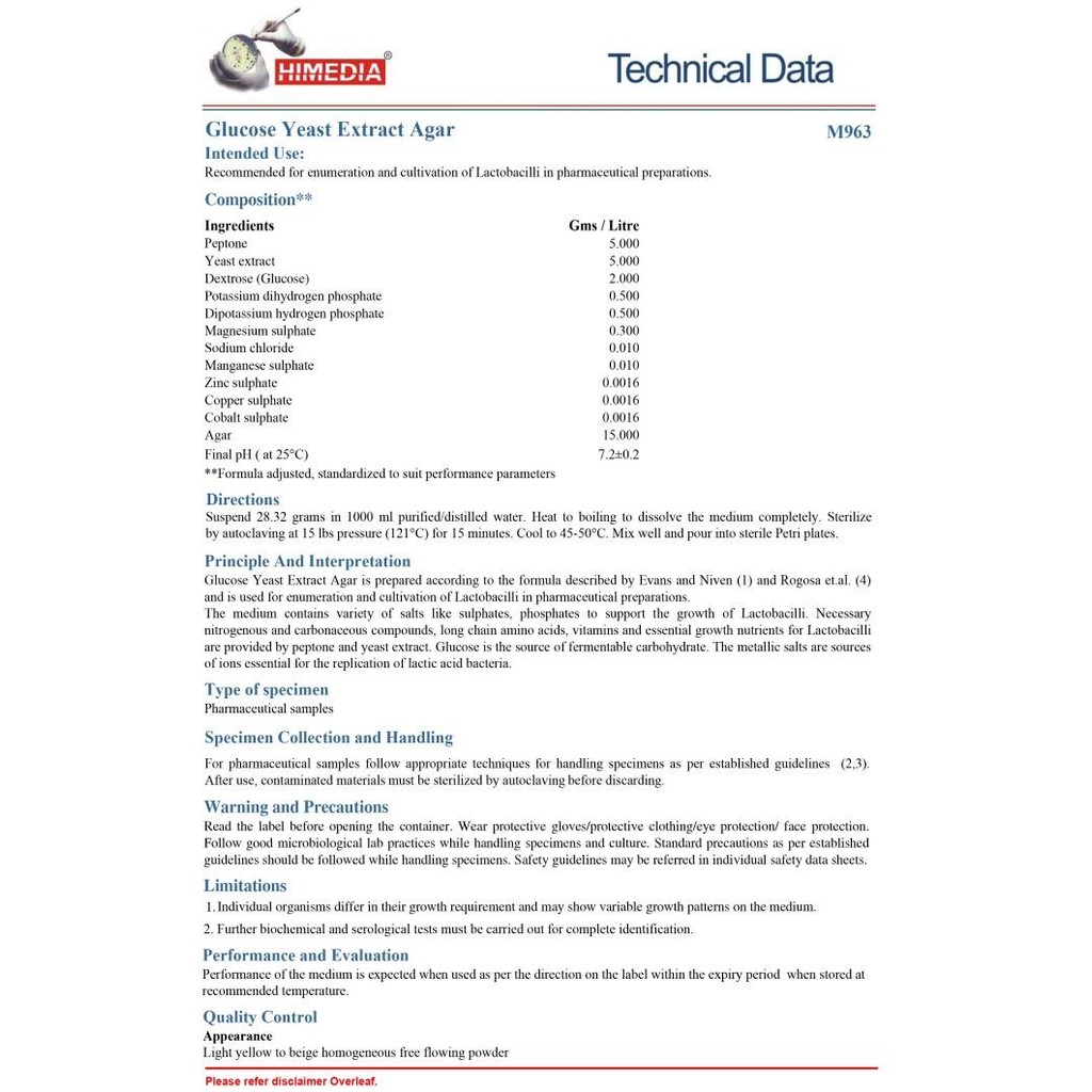 

Glucose Yeast Extract Agar, 100Gr ( M963-0100 ) New 100 % Original