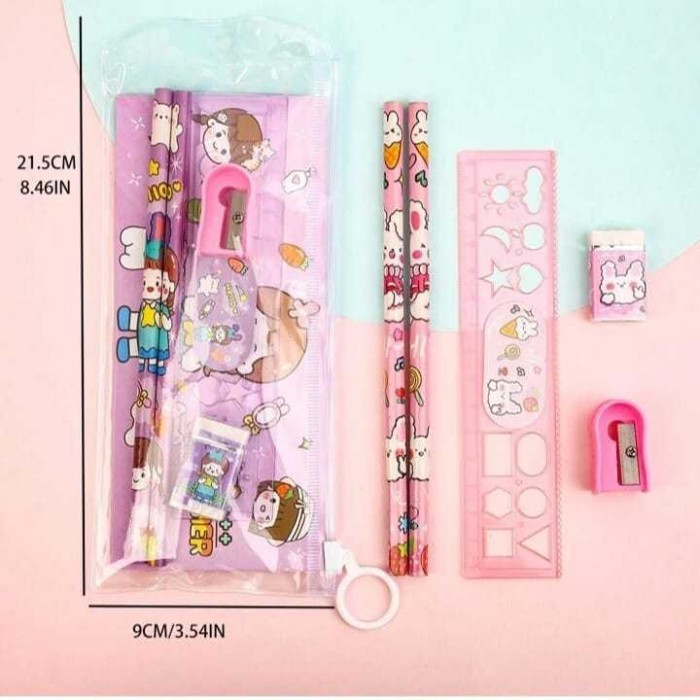 

Alat Tulis Stationery Set Pouch Pensil Penghapus Karakter Lucu 5In1