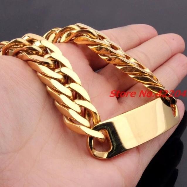 Gelang Pria Rantai Titanium Plat Warna Gold Ema