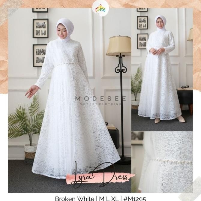 Modesee Gamis Putih Polos Brukat Mewah Aksen Payet Wanita Muslim Lyra Terlaris