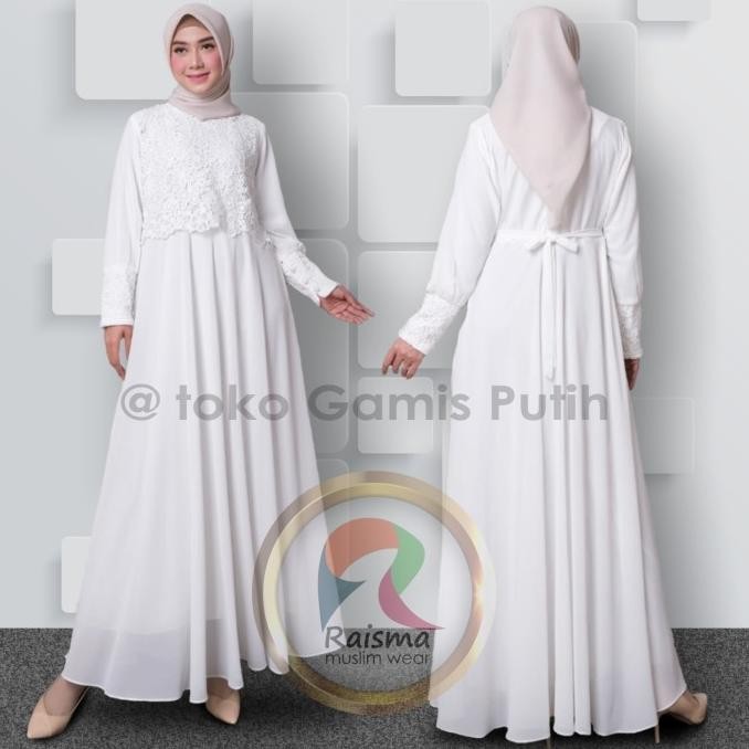 GAMIS PUTIH TULANG BROKAT TERBARU MODEL MAYUNG TANGAN MANSET 10CM RAIS Terlaris