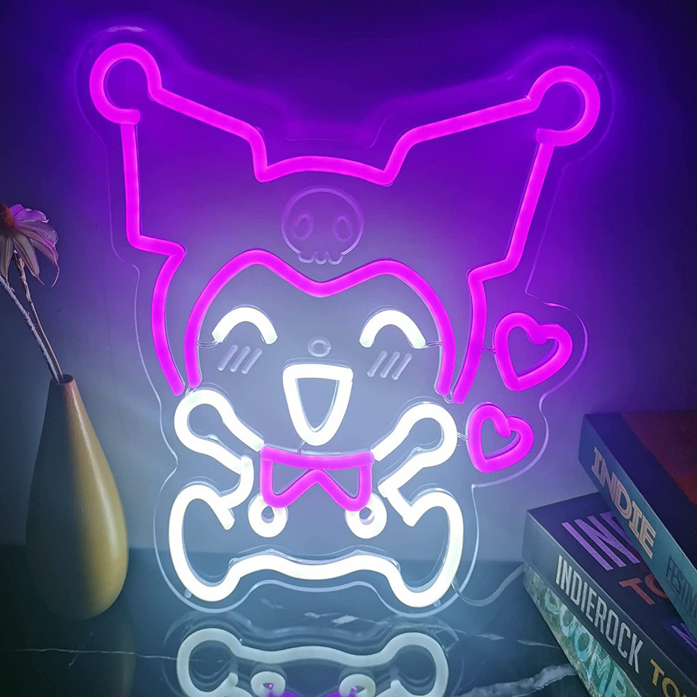 Lampu Neon Anime Jepang Tanda Neon Kuromi, Seni 3D Tanda LED Sanrio Kuromi Hati Lampu LED Kawaii, La