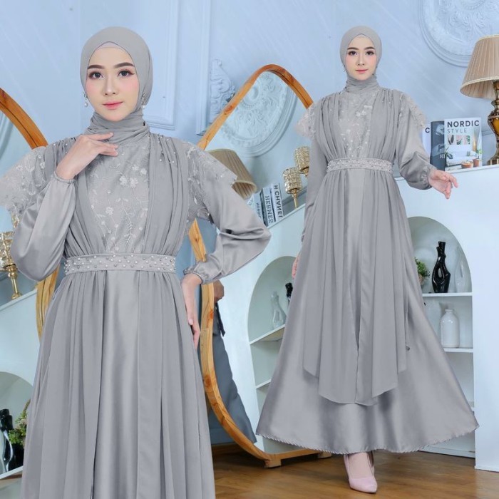 Gamis Biru Muda Wanita Premium Remaja Bahan Babydoll Tile Mutiara Jenna
