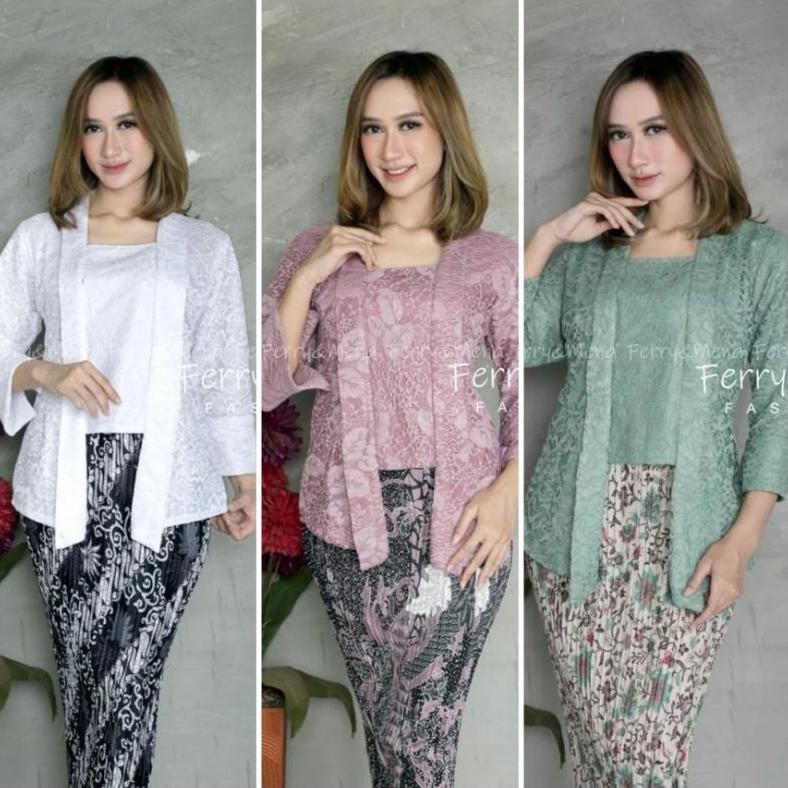 eug set baju kebaya modern kutubaru brokat lengan pendek x rok plisket batik panjang atasan kebaya p