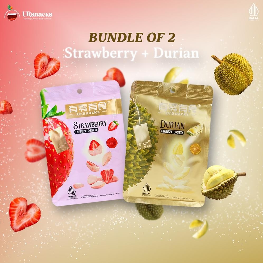 

URSNACKS PAKET HEMAT BUNDLING 2 - FREEZE DRIED KERIPIK SEHAT STRAWBERRY 22gr + DURIAN 32gr BUAH VAKUM CEMILAN