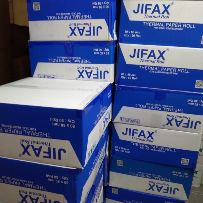 

thermal paper JIFAX 80x80mm hasil cetak hitam 1 dus isi 50roll
