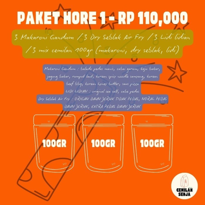

PAKET HORE 1 - ( 3 PAX ) CEMILAN 100GR CEMILAN SENJA (JAN-FEB PROMO)