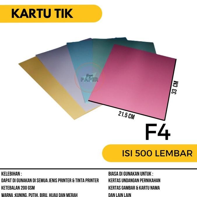 

Kertas Tik F4 200Gr Isi 500 Lembar / Karton Tik F4 / Kertas Karton Tik