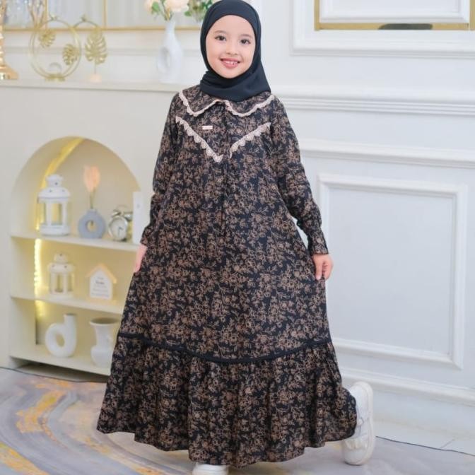 Gamis Anak Set Jilbab , Pakaian Muslim Anak Perempuan,Kombinasi Renda Dada, Bahan Katun Rayon