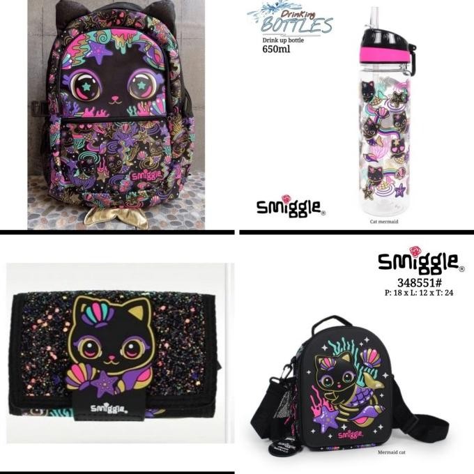 Murah Smiggle Backpack Hey Cat Black, Lunch Bag, Dompet, Botol Minum/Kado