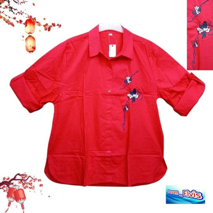 Kemeja Wanita Import / Merah Bordir Pinguin Terlaris