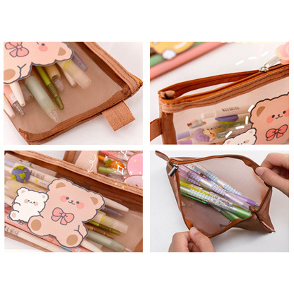 

D2019 Tempat pensil jaring zipper transparant / Tempat Makeup Model Jaring Transparan / Tempat Pensil Zipper Coklat Motif R8E88