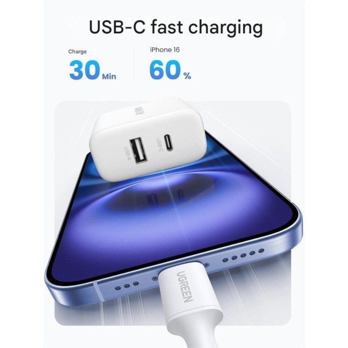 

SALE TERLARIS KEPALA CHARGER UGREEN ADAPTER DUAL PORT USB A + USB TYPE C FAST CHARGING 20W FOR