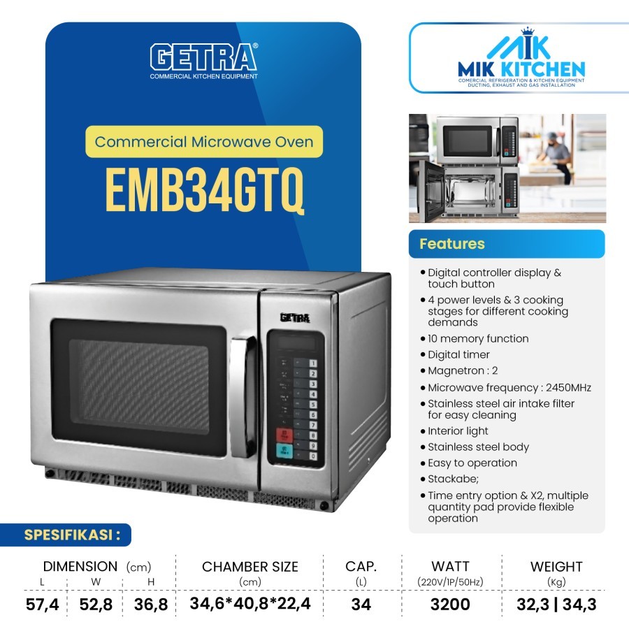 GETRA EMB34GTQ Microwave Oven Komersial 34L 3200W Stainless Steel