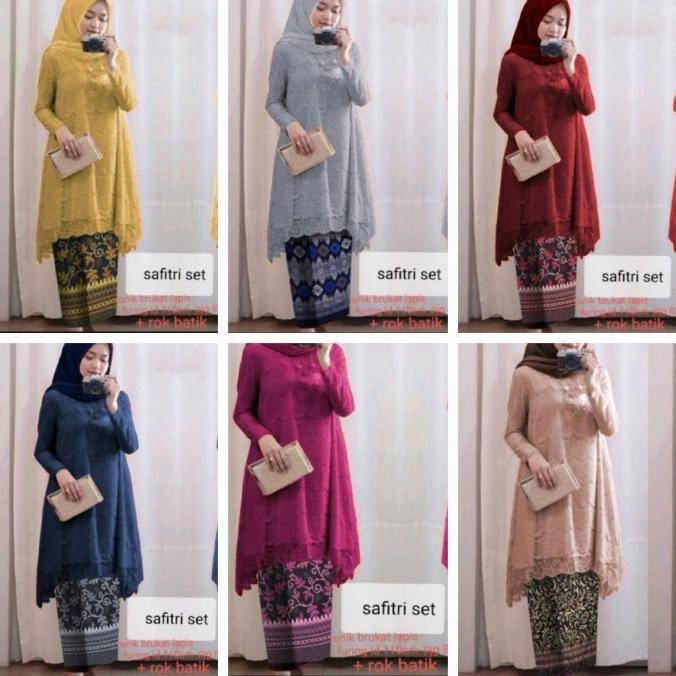 Grosir Setelan Kebaya Pesta Elegan Mewah Wanita Brukat Blouse Tunik Rok Batik