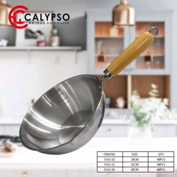 Wajan Wok Stainless Steel Gagang Kayu Wajan Nasi Goreng Serbaguna