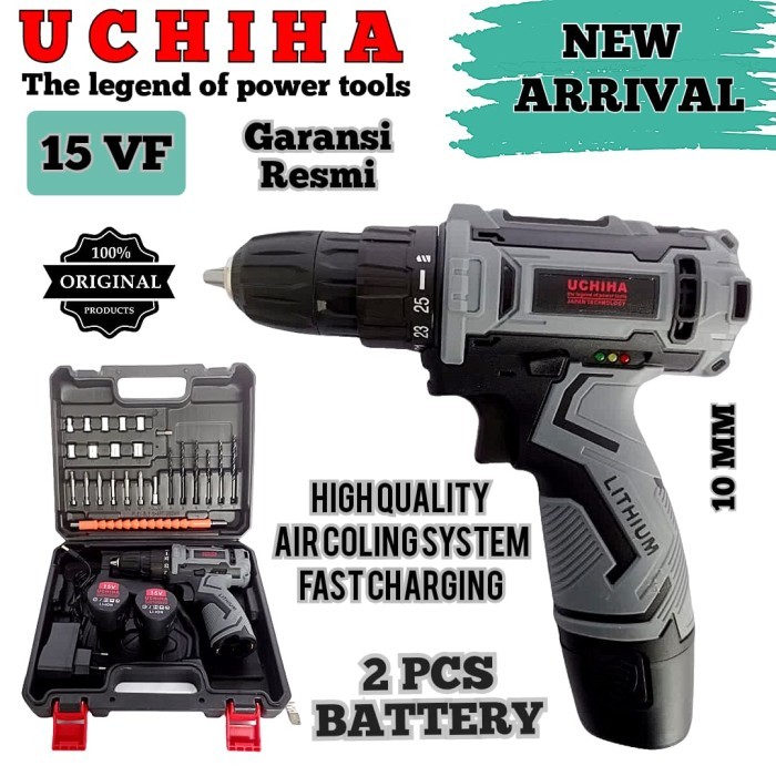 Bebas Repot Mesin Bor Cordless Uchiha 15Vol Baterai Cas Charger Tanpa Kabel Ori