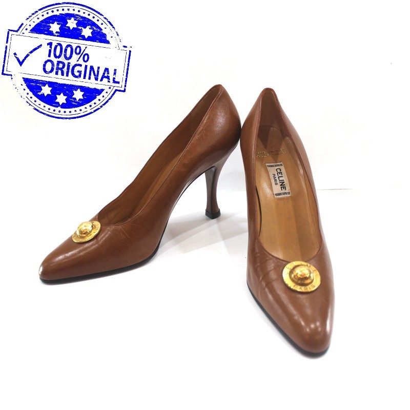 Preloved Celine Vintage Brown Tan Leather Heels Shoes GHW