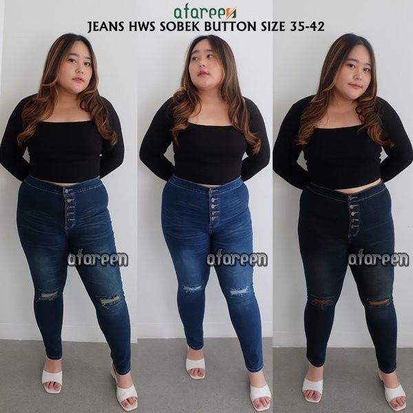 Celana Jeans Highwaist Wanita Jumbo / Jeans High Waist Kancing / Jeans Ripped Sobek Tidak Tembus