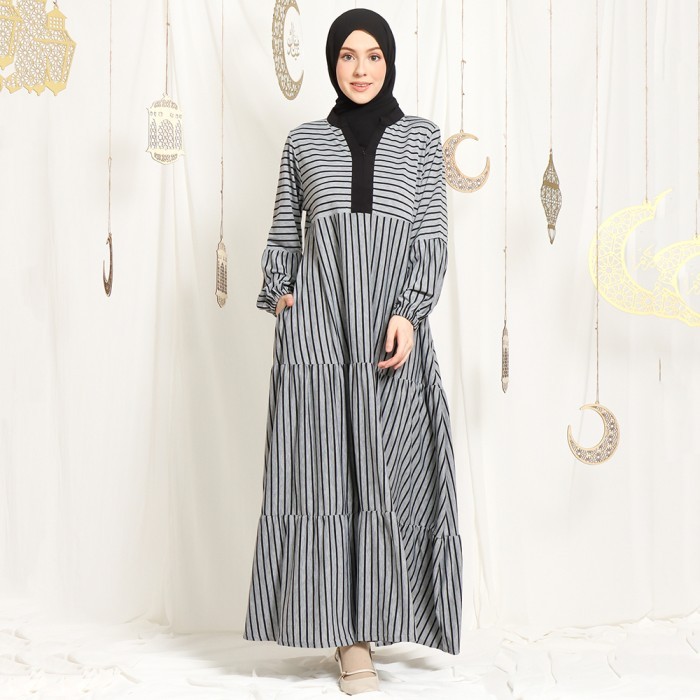 Murah JV Hasanah Asyifa Ruffle Big Stripes Dress - Gamis V Salur Susun Jumbo Non COD