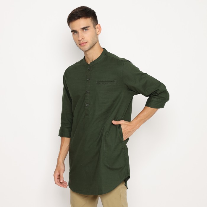 Murah d&f kemeja pria koko 3/4-olive Non COD