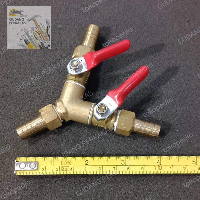 Kran Gas LPG 3/8 Cabang 2 - Stop Keran Gas Kuningan 10MM