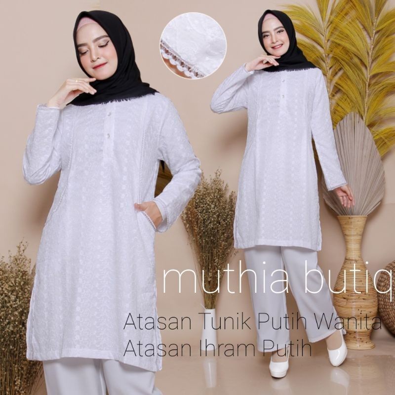 PALING MURAH Baju Atasan Tunik Putih Wanita Atasan Ihram Putih Baju Tunik Putih Wanita Haji & Umroh.
