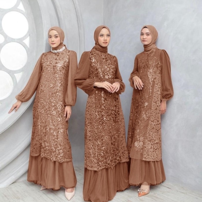 gas pesta dress Farza mocca baju muslim brukat jumbo far at