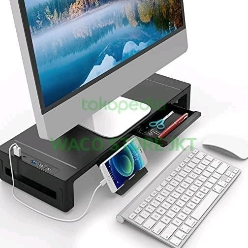 Meja Monitor Stand Aluminium Usb Port Tatakan Laci Keyboard Komputer