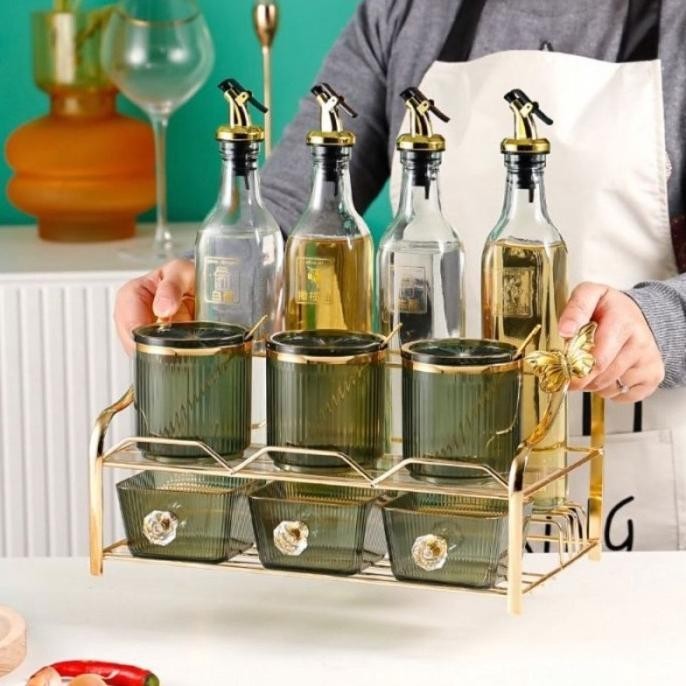 

NEW Gupis Rak Tempat Bumbu Dapur Set Botol Minyak Kaca Estetik Hijau Gold