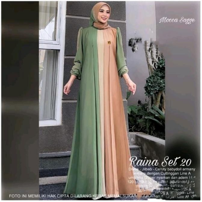 Baju Gamis Wanita Muslim Ada Jumbo Raina Set Dress Jilbab Ceruti Polos Cantik Fashion Perempuan Dewa