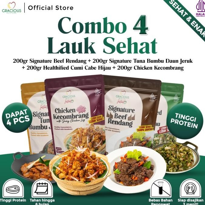 

SALE! COMBO 4 LAUK SEHAT | BEEF RENDANG + TUNA BUMBU DAUN JERUK + CUMI CABE HIJAU + CHICKEN KECOMBRANG || 200GR