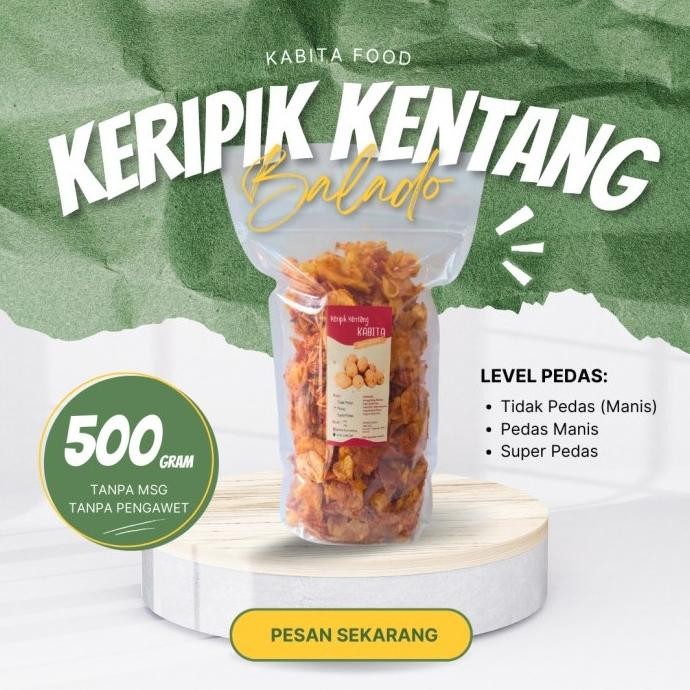 

SALE! KERIPIK KENTANG KABITA 500G (KEMASAN POUCH) CEMILAN BALADO PEDAS MANIS DAUN JERUK NO MSG