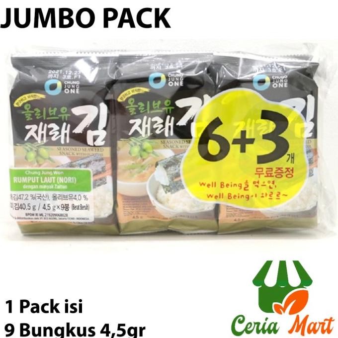 

stav rumput laut chung jung one wan jumbo 9 x 4.5 gr seaweed laver oliveoil