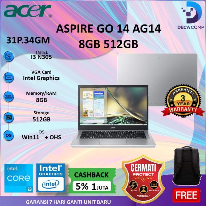 Acer Aspire Go 14 Ag14 I3-N305 8Gb/256Gb/512Gb W11+Ohs21 14.0Wuxga /5 Slim A514 I3 1115G4 4Gb 512Ssd