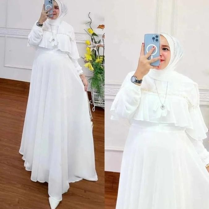 Baju Gamis Pesta Mewah Elegan Gamis Putih Ceruty Babydoll Premium