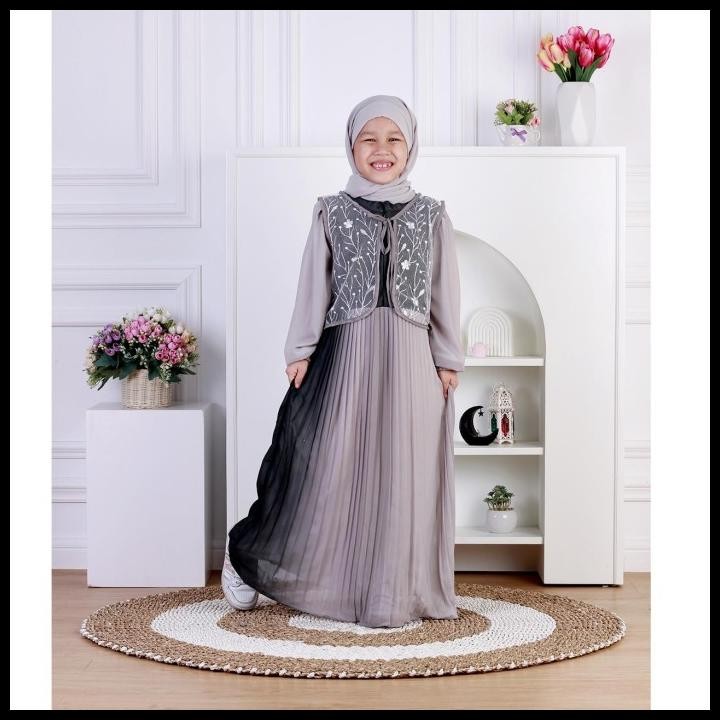Dungdungkids Gamis Anak Moreen Ceruty Babydoll Plisket Rompi Tile Bordir Free Pashmina3-12Tahun Berg