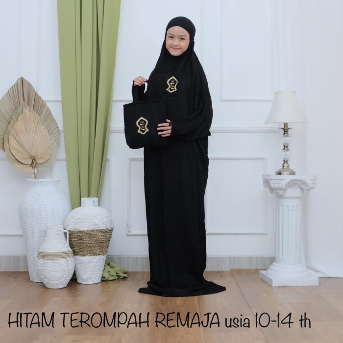 Mukena Anak Mukena HITAM PUTIH Anak Remaja Usia 10-14 tahun Terompah Terusan Rayon - HITAM REMAJA mo