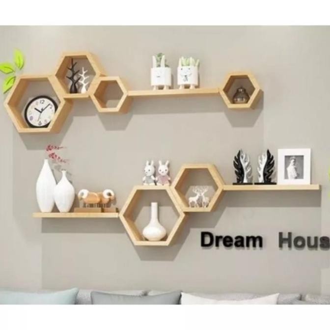 Rak Dinding Hexagonal Hiasan Dinding Aesthetic Rak Hexagonal Kayu Jati