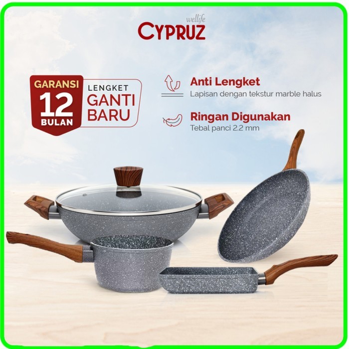 Pan set Marble Cypruz Cyprus 4 Pcs Panci Wajan Pengorengan Induksi