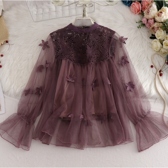 X6V READY2 POTONG KEMEJA + ROMPI KOREA LONGGAR 3D TIGA DIMENSI BUNGA RENDA ATASAN LENGAN PANJANG EG3