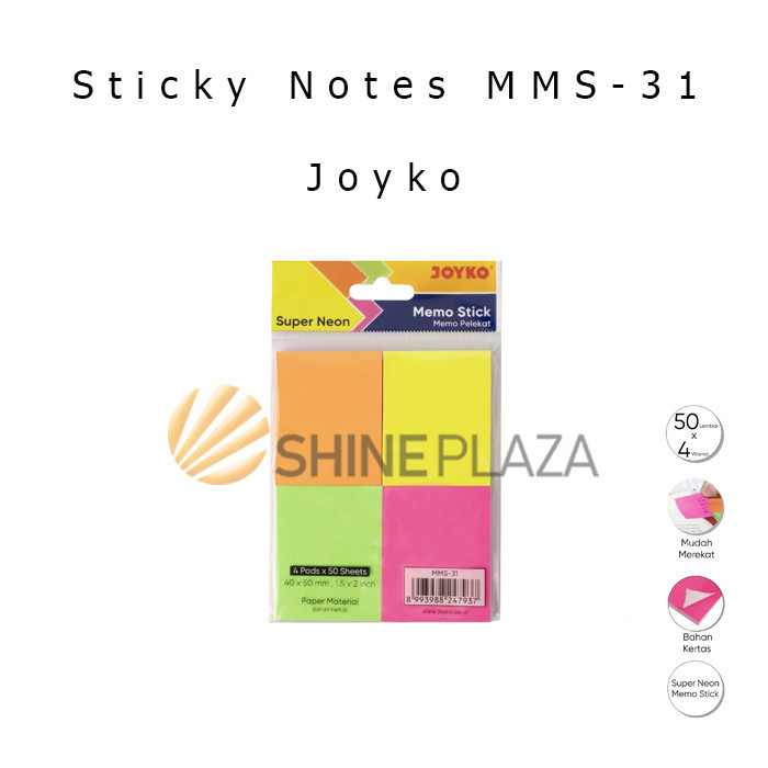 

MEMO STICK STICKY NOTES 4 WARNA NEON - KERTAS MEMO TEMPEL JOYKO MMS-31