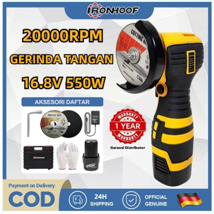 Barang Ready Gerinda Tangan Mini Cordless 16.8V Ironhoof Brushless Gerinda Baterai