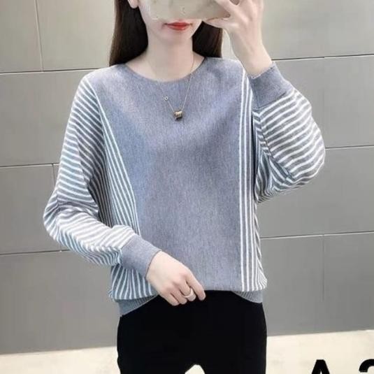 Potongan Harga Batwing Striped Knit Blouse Rajut Baju Atasan Wanita Fashion