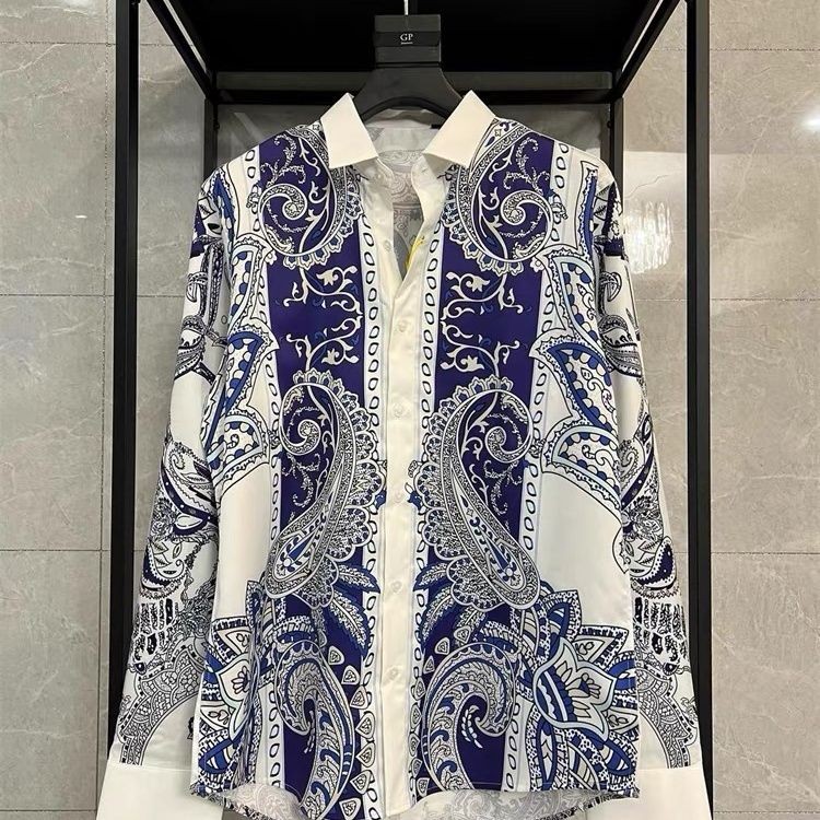 Kemeja Pria Lengan Panjang, Kemeja Sutra Es Paisley Gaya Istana Gratis Setrika, Fashion