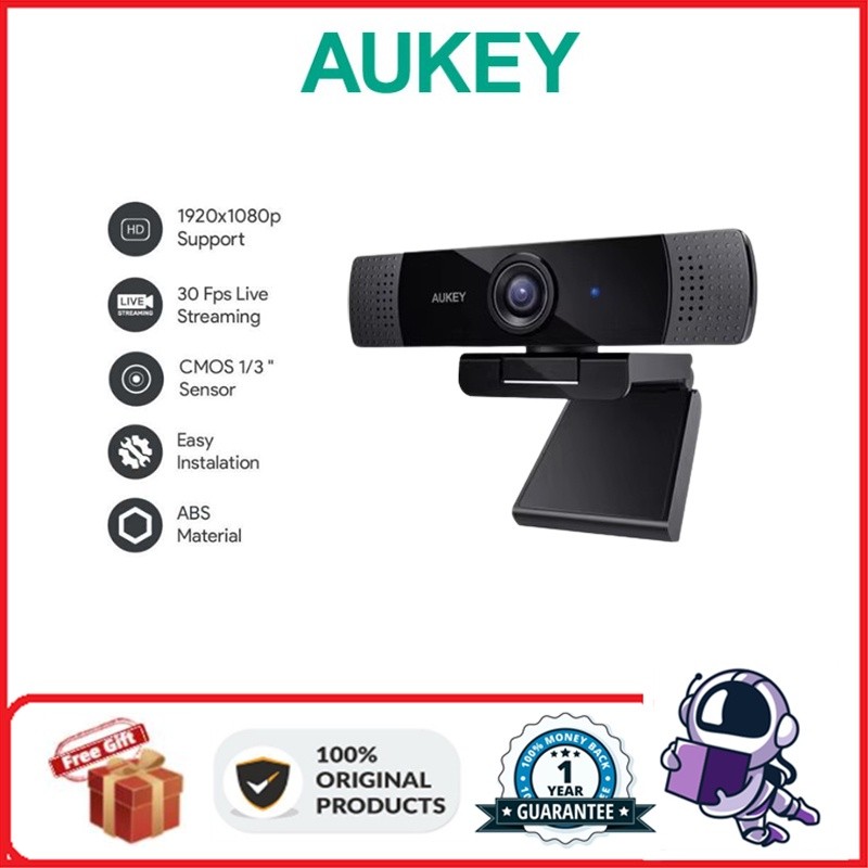 Webcam AUKEY PC-LM1E, kamera streaming langsung 1080p dengan mikrofon stereo, webcam USB desktop ata