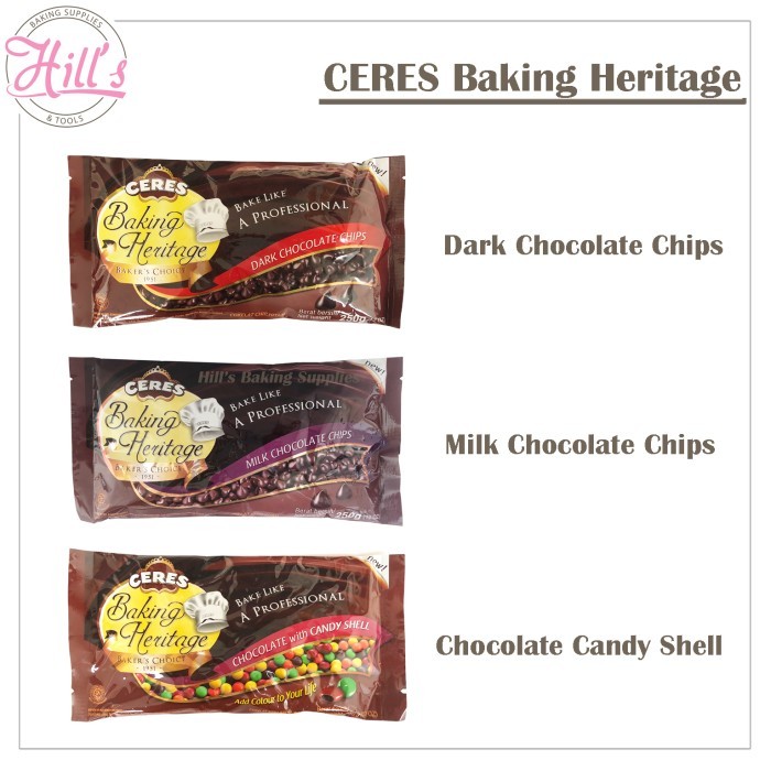 

SPECIAL CERES HERITAGE MILK DARK CHOCOLATE CHIPS CANDY SHELL 250 gr CHOCOCHIP